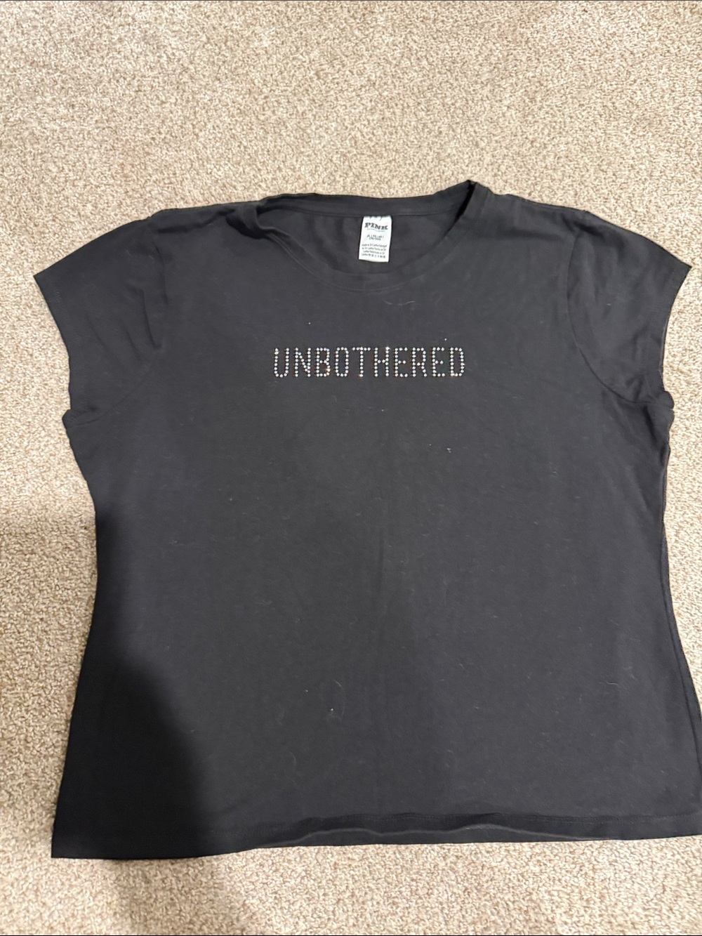 PINK Victoria's Secret Black Tee with Rhinestone "UNBOTHERED"
